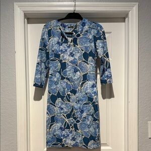 J. McLaughlin Blue and White Patterned Long Sleeve Dress